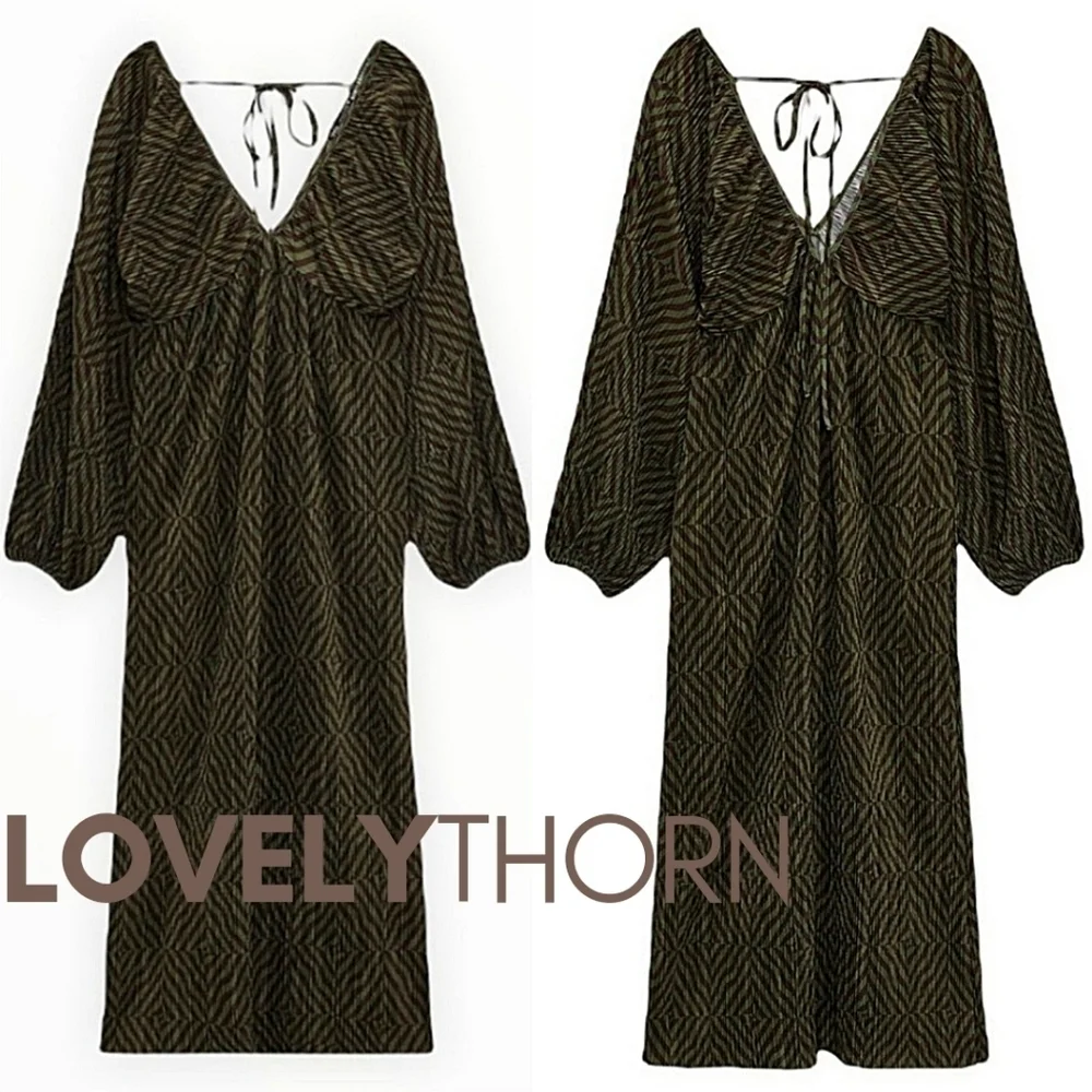 ZARA // silky pleated olive black geo print plunge balloon sleeve midi dress